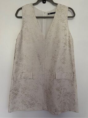 Zara Cream Gold Metallic V-Neck Shift Dress